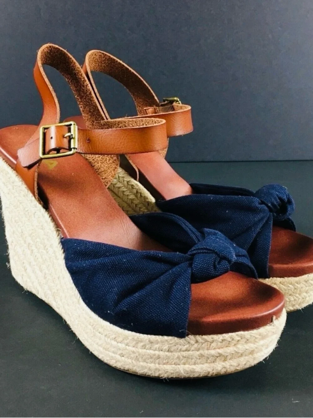 MIA Navy Lorryan Knot Espadrille Wedge Sandals with Tan Ankle Strap - Picture 3 of 10